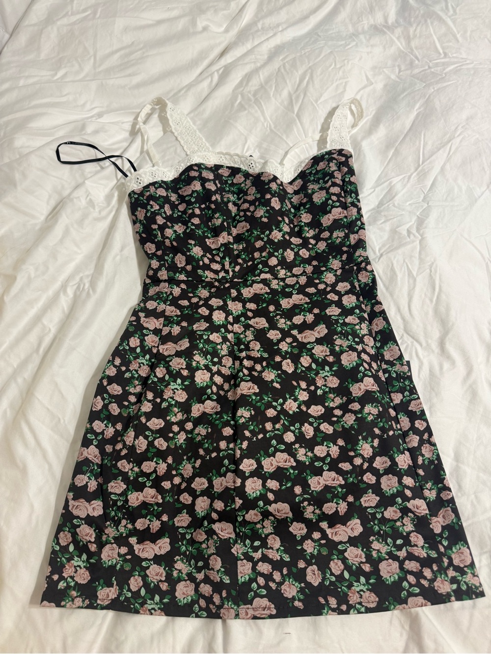 Lulu's Black Midi Dress with Pink Rose Print and White Lace Trim